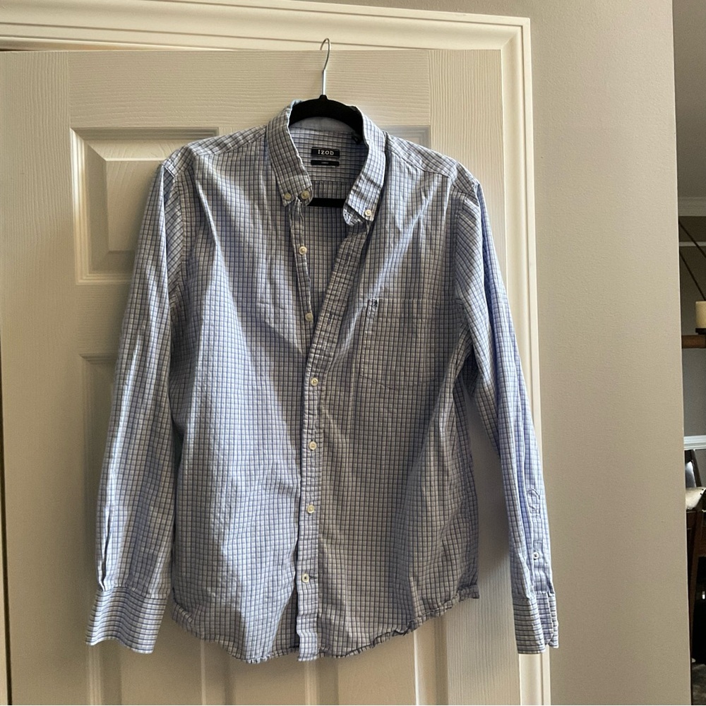 Excellent Condition! Izod Men's Blue, White, and Pink Checkered Shirt. SzL